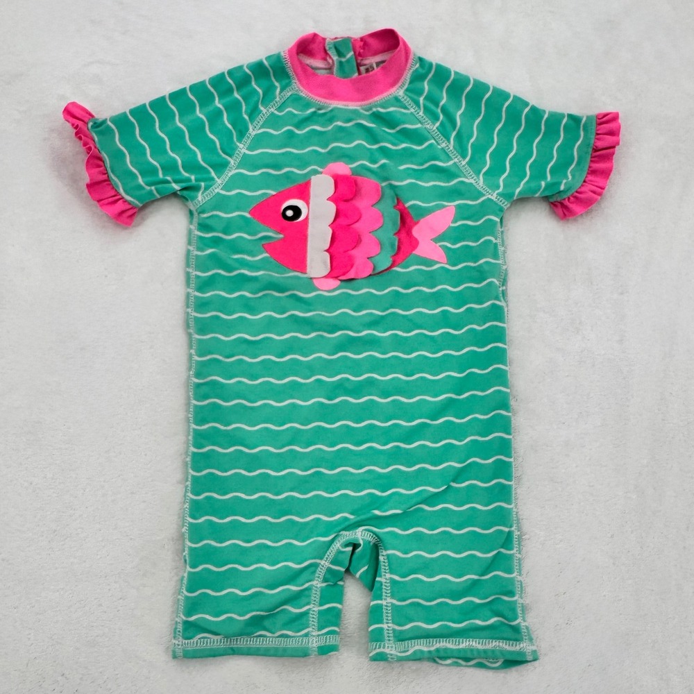 Wippette Rash Guard Romper Swimsuit Kids Size 18M Teal & Pink Ruffle Fish Print
